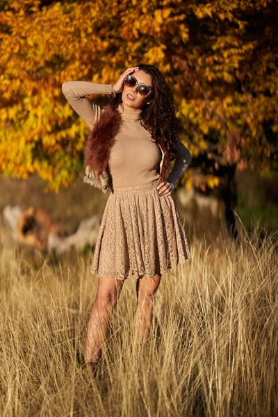 Mooie Jonge Vrouw Bij Zonsondergang Herfstkleuren Door Het Bos — Stockfoto