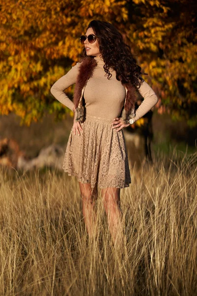 Piękna Młoda Kobieta Zachodzie Słońca Jesiennych Kolorach Przy Lesie — Zdjęcie stockowe