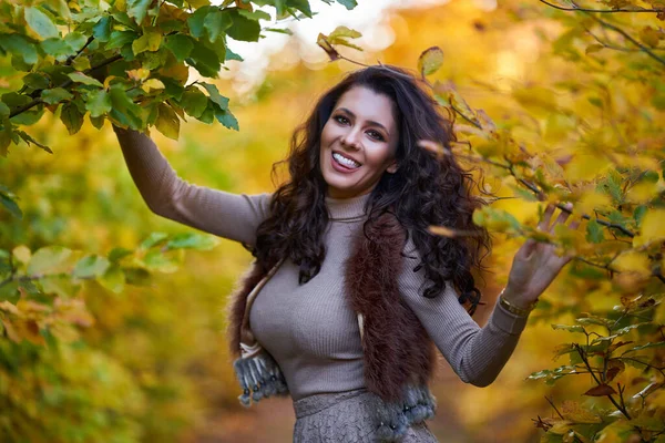 Belle Jeune Femme Heureuse Entourée Arbres Colorés Automne Dans Forêt Photos De Stock Libres De Droits