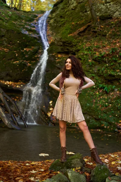 Attractive Young Woman Autumn Landscape Waterfall — Stock Photo, Image