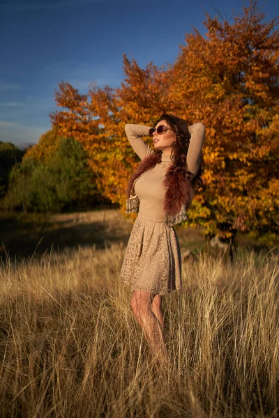 Mulher Bonita Pôr Sol Cores Outono Pela Floresta — Fotografia de Stock