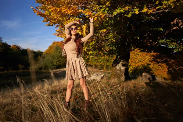 Mooie Jonge Vrouw Bij Zonsondergang Herfstkleuren Door Het Bos — Stockfoto