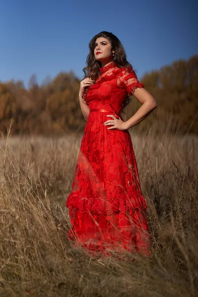 Mulher Vestido Vermelho Prado Perto Floresta Carvalho Retrato Novembro — Fotografia de Stock
