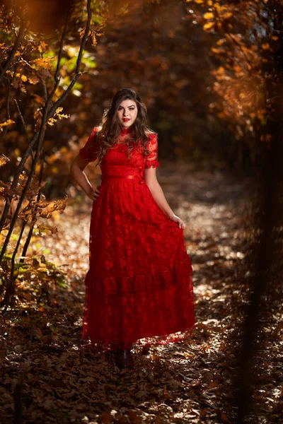 オークの森の中で赤いドレスを着た美しい若い女性の完全な長さの魅力的な肖像画 — ストック写真