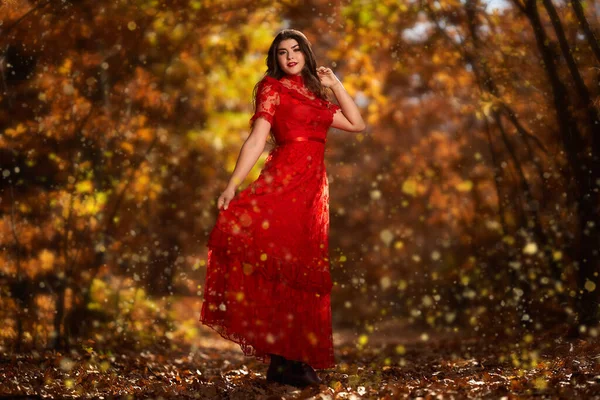 Full Length Glamorous Portrait Beautiful Young Woman Red Dress Oak — Stock Photo, Image