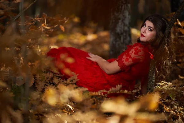 Retrato Glamoroso Larga Duración Una Hermosa Joven Vestida Rojo Bosque — Foto de Stock