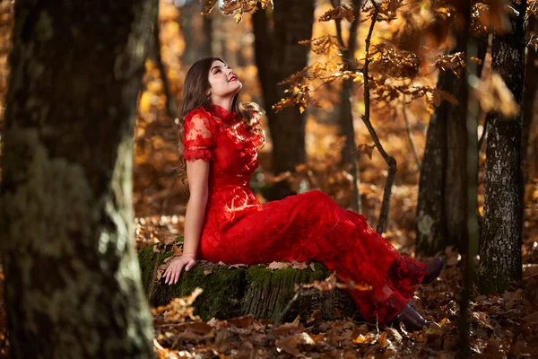 Retrato Glamoroso Larga Duración Una Hermosa Joven Vestida Rojo Bosque — Foto de Stock