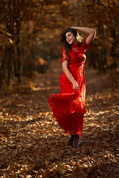 Full Length Glamorous Portrait Beautiful Young Woman Red Dress Oak — Stock Photo, Image