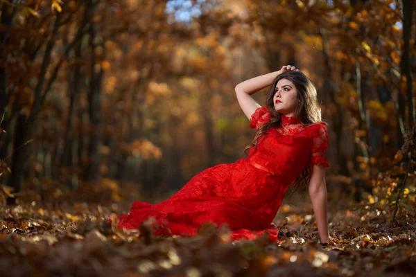 Pełna Długość Efektowny Portret Pięknej Młodej Kobiety Czerwonej Sukience Lesie — Zdjęcie stockowe