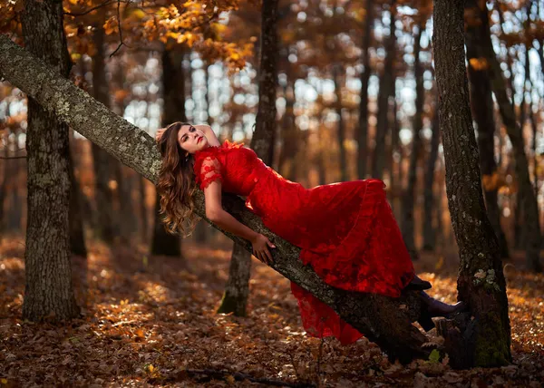 Πλήρες Μήκος Λαμπερό Πορτρέτο Μιας Όμορφης Νεαρής Γυναίκας Κόκκινο Φόρεμα — Φωτογραφία Αρχείου