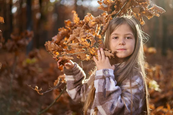 Freimütiges Porträt Eines Jungen Mädchens Ende November Bunten Eichenwald — Stockfoto