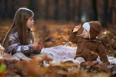 Küçük kız ve erkek kardeşi, sonbaharda canlı meşe ormanlarında battaniyede kağıt oynuyorlar.