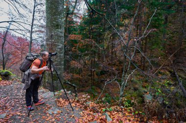 Profesyonel doğa fotoğrafçısı dağlarda renkli bir sonbahar ortamında manzara çekiyor.