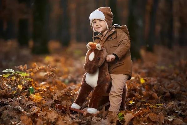Mały Chłopiec Kolorowym Lesie Jesienią — Zdjęcie stockowe