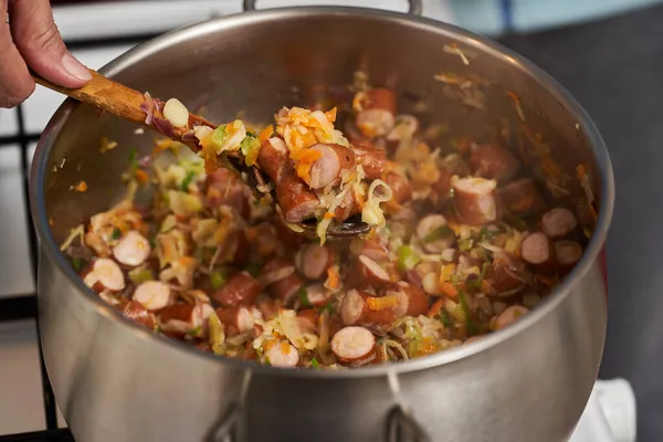 Stirring Diced Turkey Sausages Vegetables Mix Pot — Stock Photo, Image