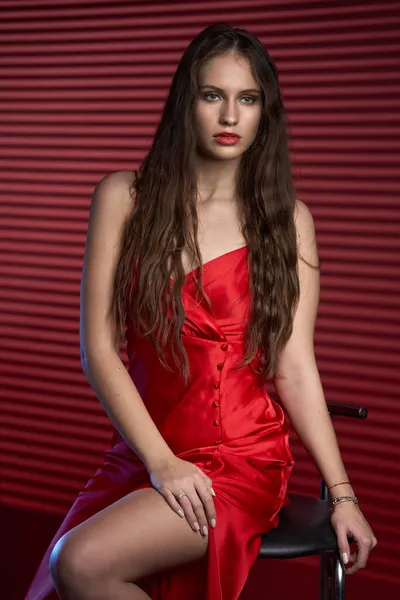 Portrait Glamour Une Belle Jeune Femme Modèle Robe Rouge Avec Photo De Stock