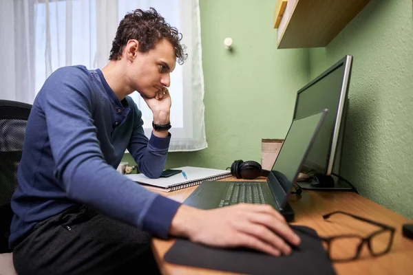 Software Developer Student Working Home Laptop Computer Cellphone Notebook His — Fotografia de Stock