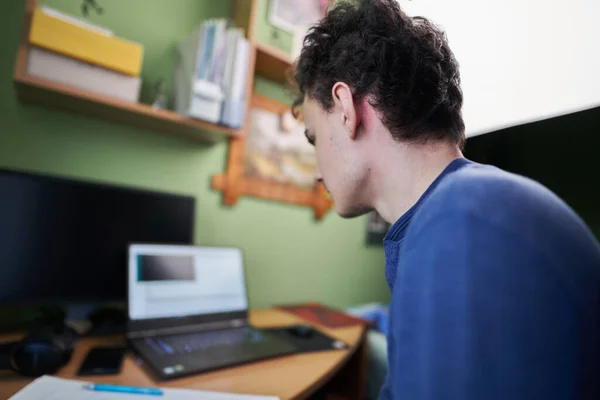 Software Developer Student Working Home Laptop Computer Cellphone Notebook His — Stockfoto