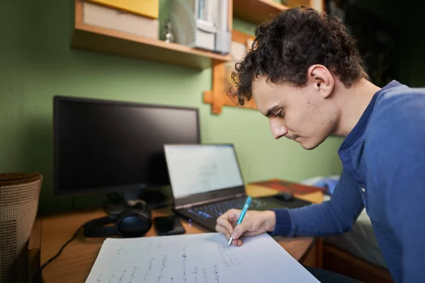 Software Developer Student Working Home Laptop Computer Cellphone Notebook His — Fotografia de Stock