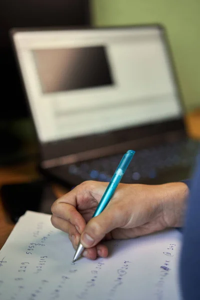 Software Developer Student Working Home Laptop Computer Cellphone Notebook His — Foto Stock