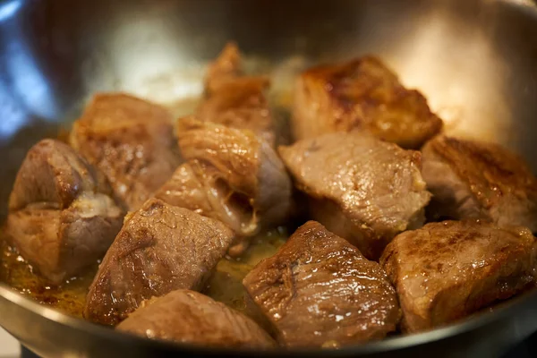 Pork Chops Sirloin Searing Stainless Steel Pan Stove — Stockfoto