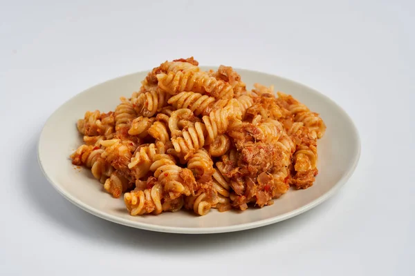 Closeup Fusilli Pasta Tuna Herbs Isolated White Background — ストック写真