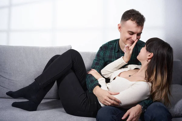 Happy Attractive Young Couple Sitting Sofa Home — Photo