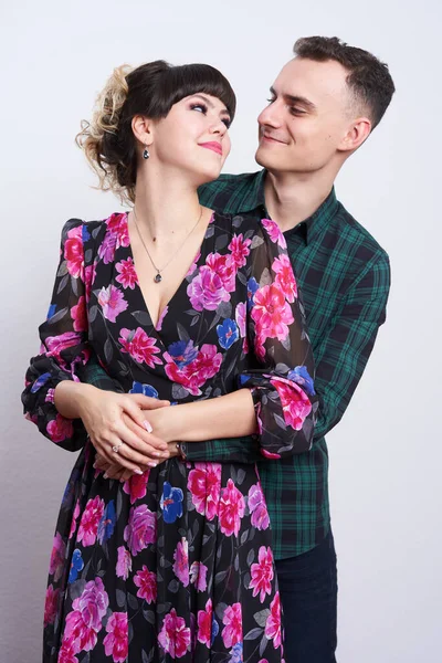 Happy Young Beautiful Couple Girl Has Floral Dress Boy Plaid — Photo