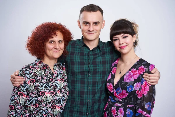 Happy Young Man His Girlfriend His Mother Isolated White Background — Stok fotoğraf