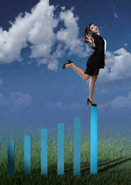 Conceptual Successful Business Image Businesswoman Standing Top Rising Bar Chart — Stock fotografie