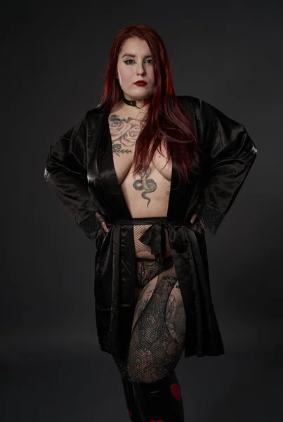 Redhead Size Woman Tattoos Lingerie Studio Shot — Stock Photo, Image