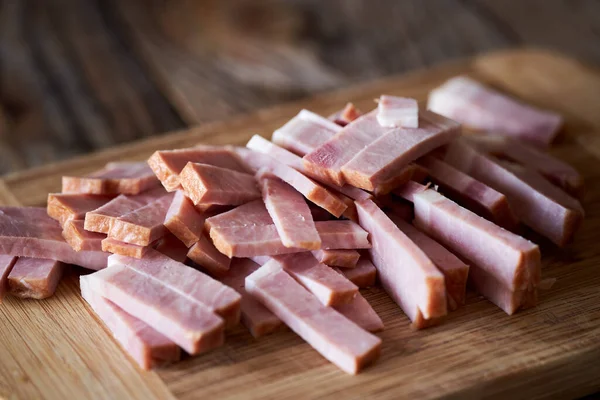 Pork Ham Sliced Stripes Ready Cooking Wooden Board — Stock Photo, Image