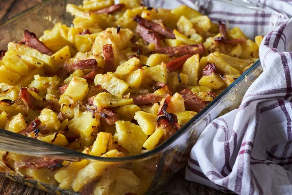 Pork Ham Potatoes Parmesan Herbs Glass Tray Oven Baked — Stock Photo, Image