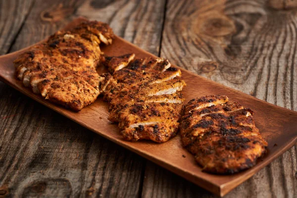 Sliced Fried Chicken Breast Herbs Wooden Board — Stock Photo, Image