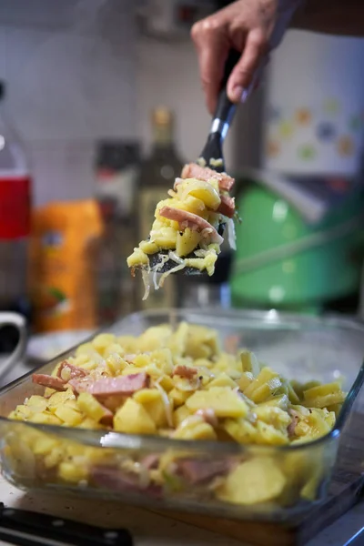 Preparing Course Ham Mixed Potatoes Garnished Parmesan Herbs Glass Tray — Stock Photo, Image