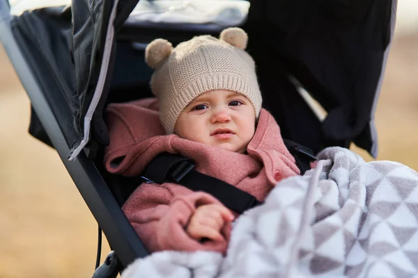 Little Girl Baby Carriage Outdoor Park — Stock Photo, Image