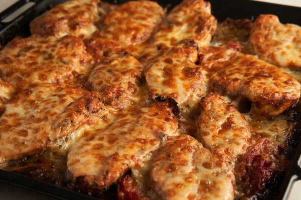 Mediterannean Chicken Breast Oven Baked Melted Parmesan Cheddar Tray — Stock Photo, Image