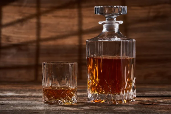 Bourbon Scotch Classy Decanter Beautiful Glass Wooden Board Stock Image