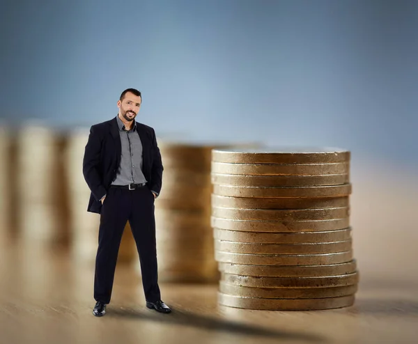 Businessman Standing Confident Piles Coins Conceptual Image Wealth — Stock Photo, Image