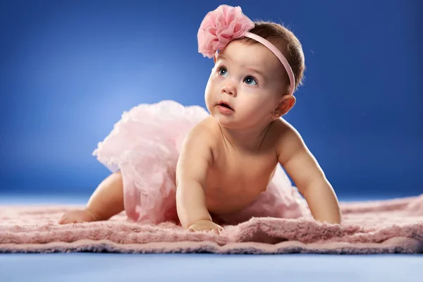 Closeup Adorable Little Girl Her First Year Studio Shot Blue — Stock Photo, Image