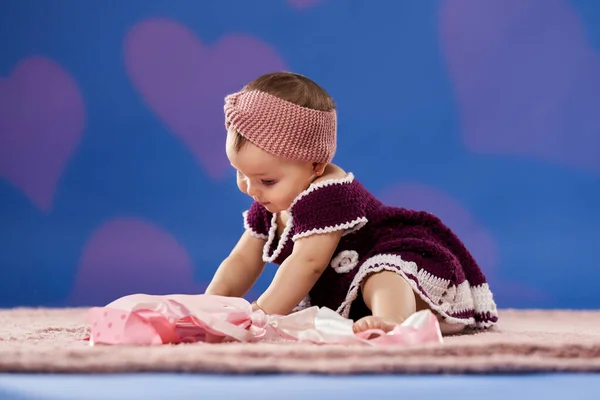 Closeup Adorable Little Girl Her First Year Studio Shot Blue — Stock Photo, Image