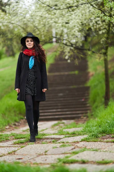 Young Woman Enjoying Spring Rainy Day Park — Foto Stock