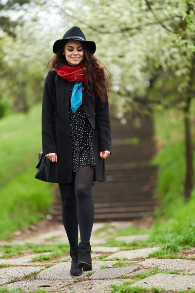 Young Woman Enjoying Spring Rainy Day Park — Foto de Stock