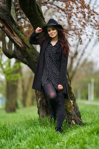 Young Woman Enjoying Spring Rainy Day Park — 스톡 사진