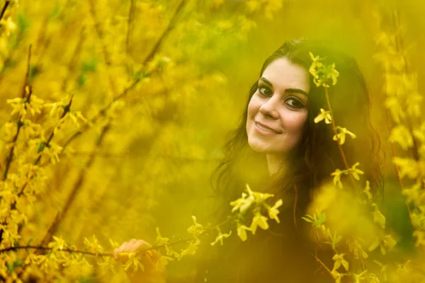 Young Woman Enjoying Spring Rainy Day Park — 스톡 사진