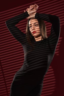 Kırmızı arka planda çekici bir genç kadının portresi.