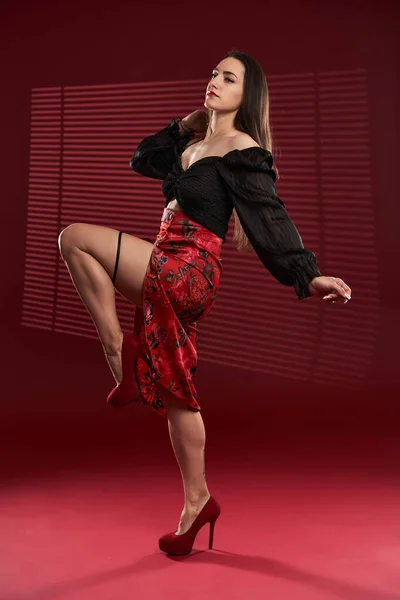 Kırmızı Etekli Siyah Bluzlu Güzel Bir Modelin Tüm Vücudu — Stok fotoğraf