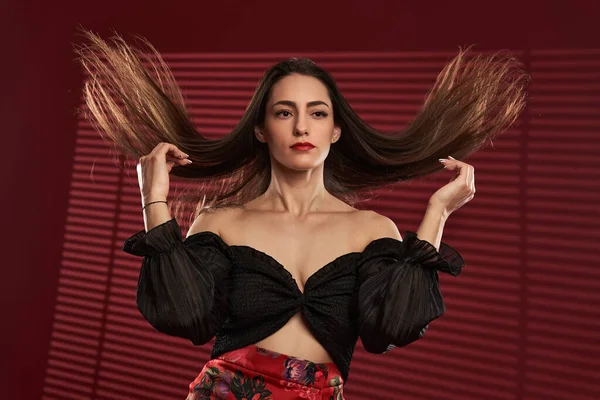 Beautiful Glamour Model Red Skirt Black Blouse Her Hair Flying — Foto Stock