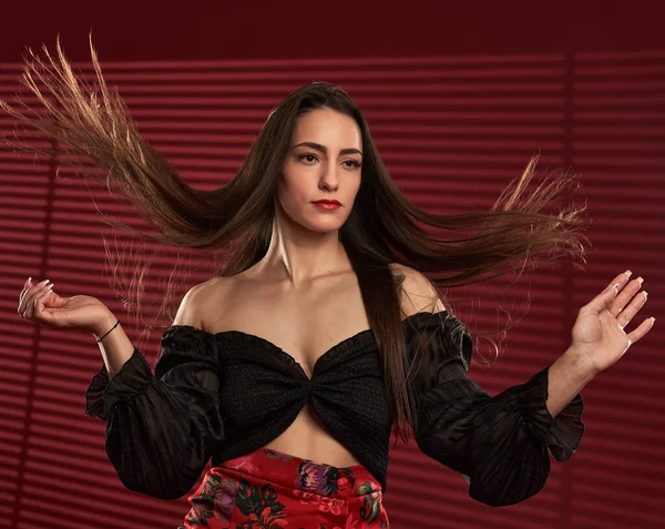 Beautiful Glamour Model Red Skirt Black Blouse Her Hair Flying — Foto Stock