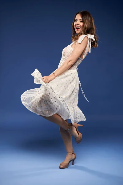 Portrait Beautiful Young Woman White Dress Blue Background — Stock Photo, Image